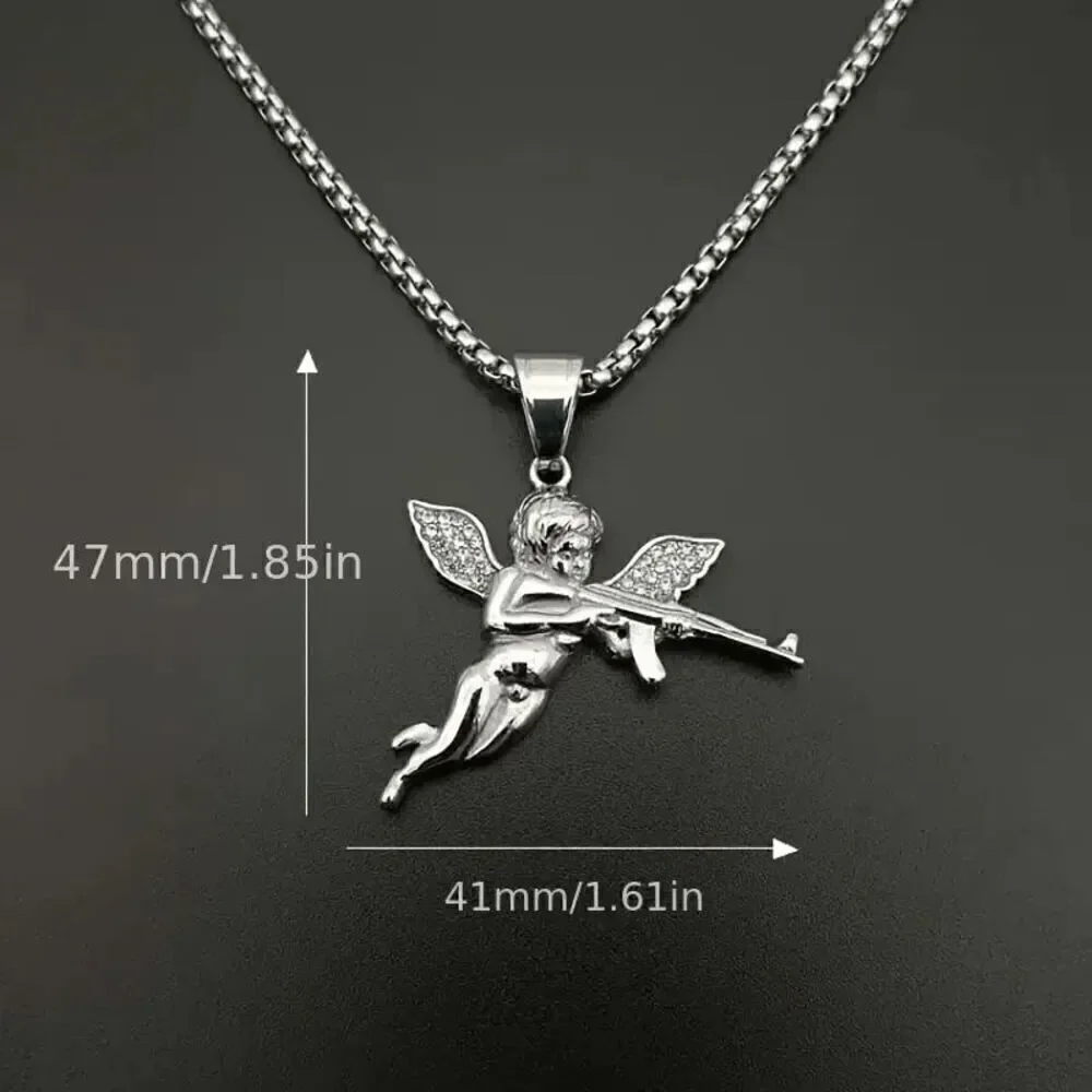 Diamond Angel Cherub Cupid AK47 Gun White Gold Plated Pendant Necklace